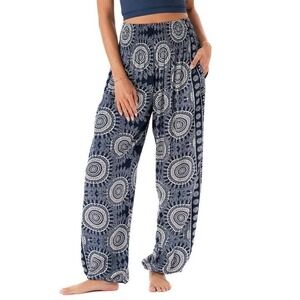 Lotus & Luna Smocked Harem Pants High Rise Mandala Blue White Boho Women L